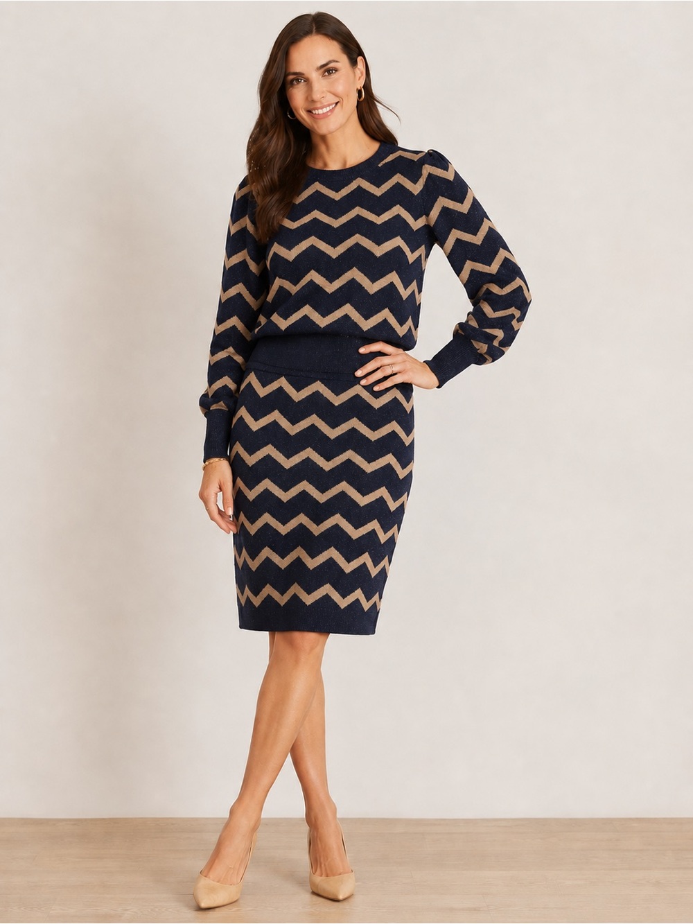 Boden 2 Piece Navy Gold Sparkle Zig Zag Knit Sweater Skirt Set Size 4